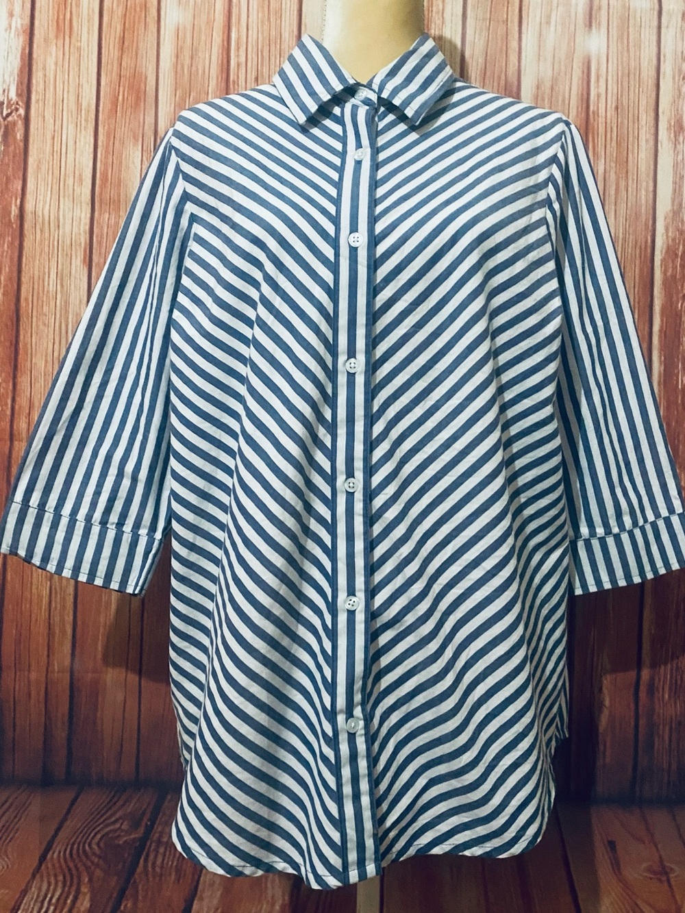 Women’s Large Blouse Blair Blue White Striped Button Down 3/4 Sleeves Soft